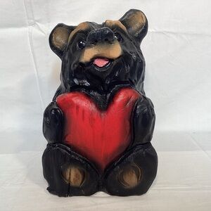Carved Wooden Black Bear Holding Heart